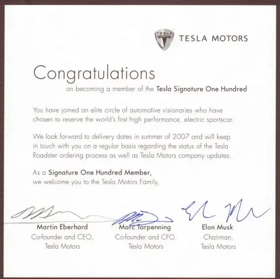 Tesla Signatur Einhundert-Zertifikat