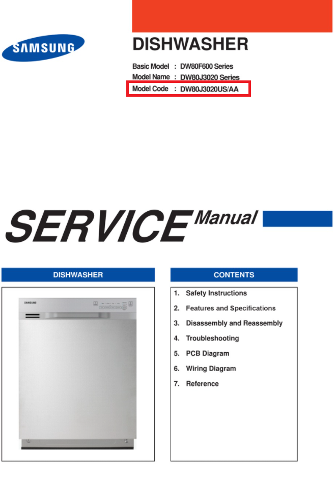 Modellnummer des Samsung-Geschirrspülers im Servicehandbuch
