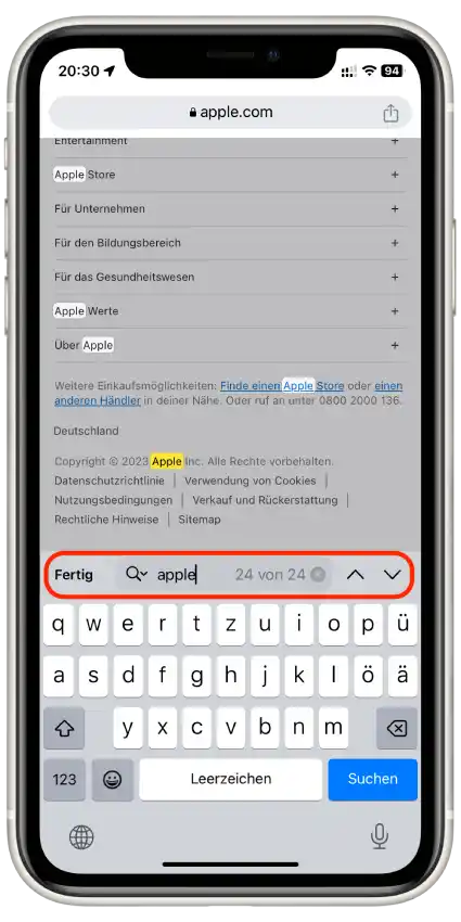 safari seite durchsuchen iphone