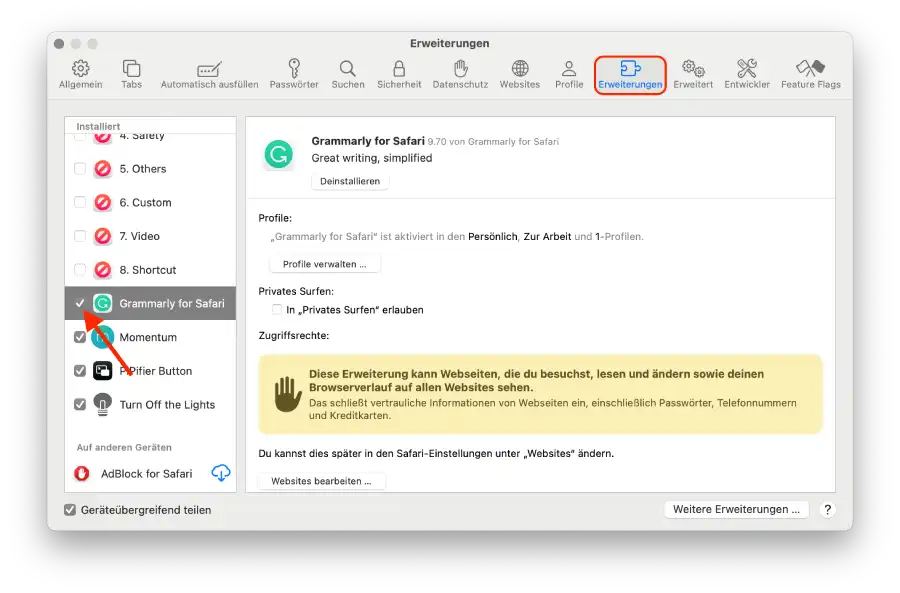erweiterungen verwalten safari